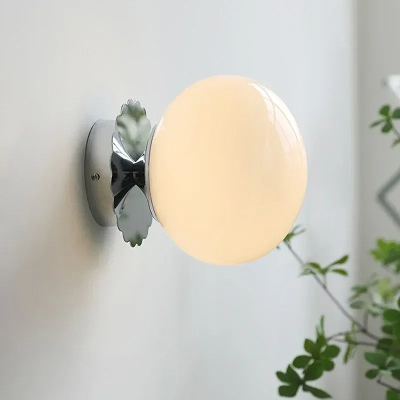 French Retro Minimalist Spherical Bedroom Bedside Lamp, Creative, Warm and Romantic Cream LED Glass Wall Lamp
